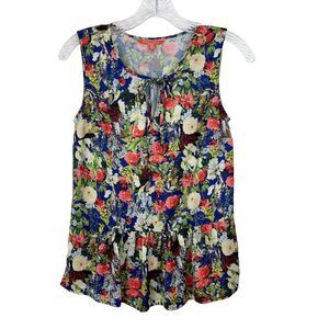 ModCloth Sleeveless Blouse Women Extra Small Blue Floral Tie Neck Peplum Tank